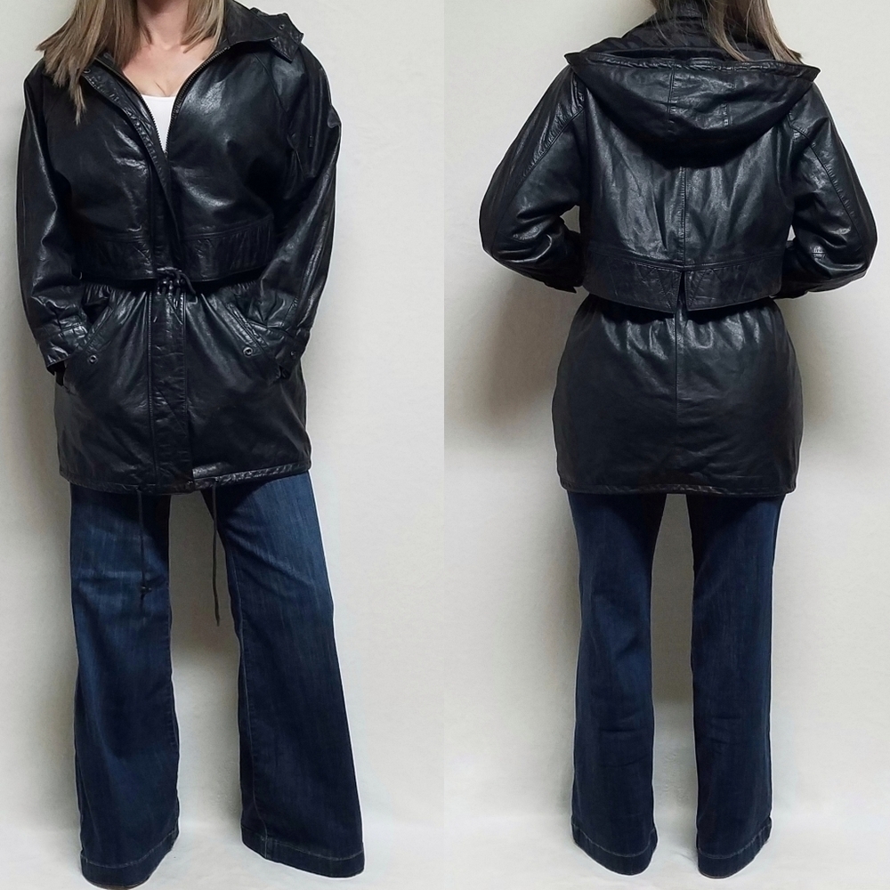 VINTAGE 80s Zenia Black Leather Hooded Tie-Waist Thermolite Lined Layered Jacket